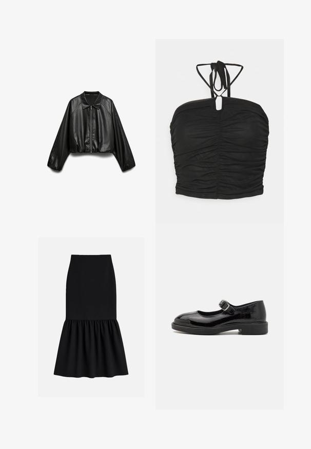 Sort cropped jakke i kunstlæder med lange ærmer, spids krave og lynlås foran på hvid baggrund.; Even&Odd Top - black; Sort midi-nederdel lavet af strækbart stof, med en tætsiddende talje og en udvidet, rynket bund med en glat tekstur.; Sorte patentlæder Mary Jane-sko med rund tå, justerbar spænde, lav blokhælhæl og glat, blank finish.