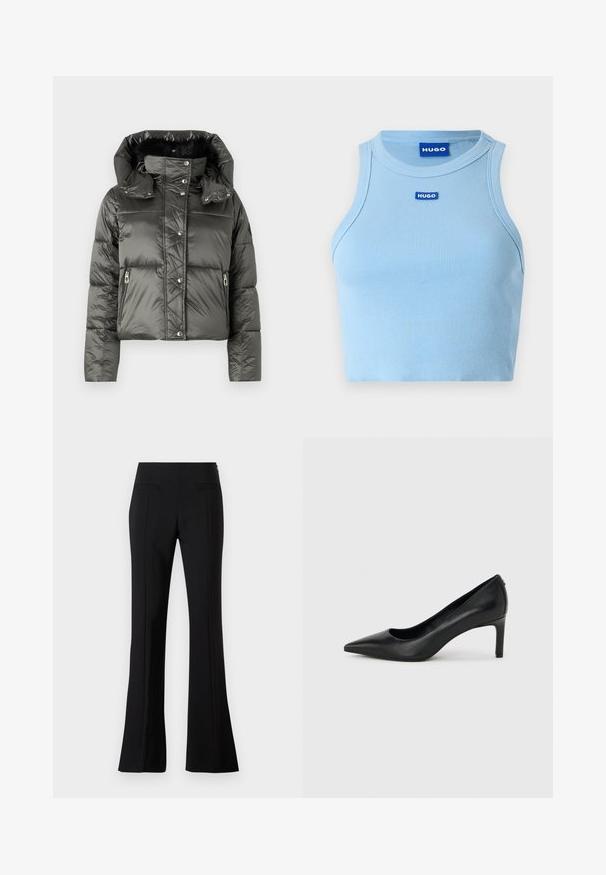 Chaqueta tipo abrigo corta en gris oscuro con un acabado brillante, que cuenta con una capucha desmontable, bolsillos con cremallera y cierres de botón a presión.; Camiseta sin mangas de canalé azul claro con cuello redondo. Presenta un pequeño logotipo azul "HUGO" en el frontal. La tela parece suave y ajustada.; Pantalones acampanados negros hechos de una tela suave con una cintura alta, que cuentan con dos bolsillos traseros y una línea en el frente de cada pierna.; Zapato de salón negro de piel con punta afilada y tacón delgado de altura media sobre un fondo liso de color gris claro.