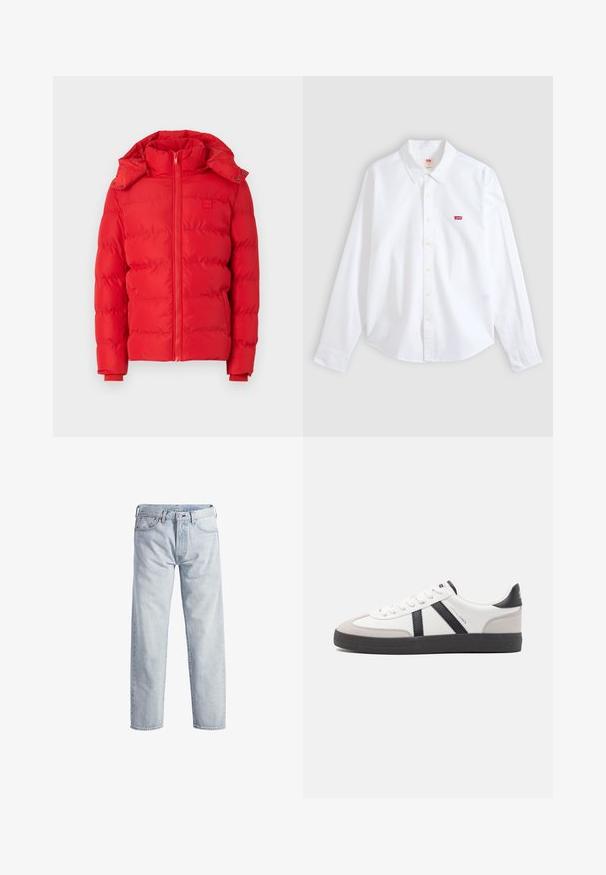 Rote gepolsterte Jacke mit hohem Kragen, abnehmbarer Kapuze, Reißverschluss und elastischen Bündchen. Glatte Textur mit gestepptem Muster.; Weißes langärmliges Hemd mit Knopfleiste und Kragen sowie kleinem rotem Levi's-Logo auf der linken Brustseite vor neutralem Hintergrund.; Hellblaue Denim-Jeans mit geradem Bein, Knopfleiste, fünf Taschen und subtilen Verwaschungen. Mit metallischen Hardware-Details ausgestattet.; Weiße Sneaker mit schwarz- und grau-aczenten, ausgestattet mit einer strukturierten grauen Zehenkappe, schwarzer Gummi-Sohle und flachen weißen Schnürsenkeln. Sauberes Design, minimalistische Stil.