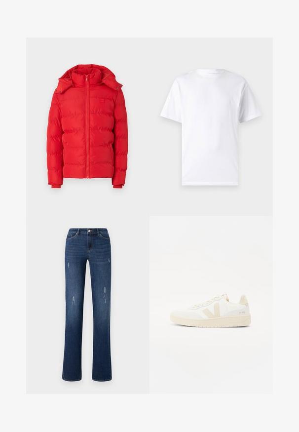 Rote gepolsterte Jacke mit hohem Kragen, abnehmbarer Kapuze, Reißverschluss und elastischen Bündchen. Glatte Textur mit gestepptem Muster.; Weißes kurzärmeliges T-Shirt aus Baumwolle mit Rundhalsausschnitt, das eine glatte Textur und ein einfaches Design ohne Muster oder Akzente aufweist.; ONLY ONLWAUW MID WAIST - Jeans Slim Fit - dark blue denim; Weißer Sneaker mit beigen Akzenten, ausgestattet mit einem strukturierten Obermaterial, runder Zehenpartie und einer dicken Gummisohle. Das Design umfasst das ikonische V-Logo und Branding.
