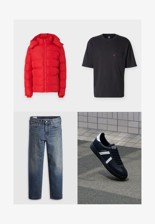 Rote gepolsterte Jacke mit hohem Kragen, abnehmbarer Kapuze, Reißverschluss und elastischen Bündchen. Glatte Textur mit gestepptem Muster.; Schwarzes T-Shirt mit kurzem Arm, Rundhalsausschnitt und Brusttasche mit kleinem rotem Levi's-Logo-Tab an der Tasche vor einfachem hellem Hintergrund.; Dunkelblaue Jeans aus Denim mit lockerem Sitz, geraden Beinen, Fünf-Taschen-Design und dezentem Used-Look an den Oberschenkeln. Silberner Knopf und Nieten.; Schwarze Leder-Sneaker mit weißen Streifen, strukturiertem Gummisohle und Schnürung. Verfügt über ein Markenetikett auf der Zunge.