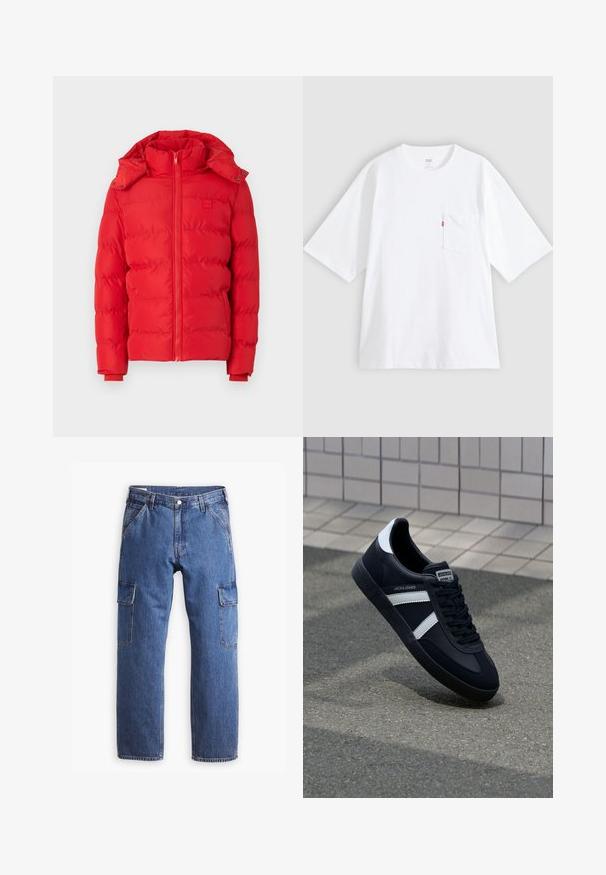 Abrigo acolchado rojo con cuello alto, capucha desmontable, cierre de cremallera y puños elásticos. Textura suave con patrón de costura acolchada.; Camiseta blanca de algodón con mangas cortas, cuello redondo y bolsillo en el pecho izquierdo. Presenta una pequeña etiqueta con logo rojo en el bolsillo.; Pantalones cargo de mezclilla azul con un diseño de pierna recta, dos bolsillos laterales y detalles de costura visibles. En general, estilo casual y funcional.; Zapatilla de cuero negra con rayas blancas, suela de goma texturizada y parte frontal con cordones. Cuenta con una etiqueta de marca en la lengüeta.
