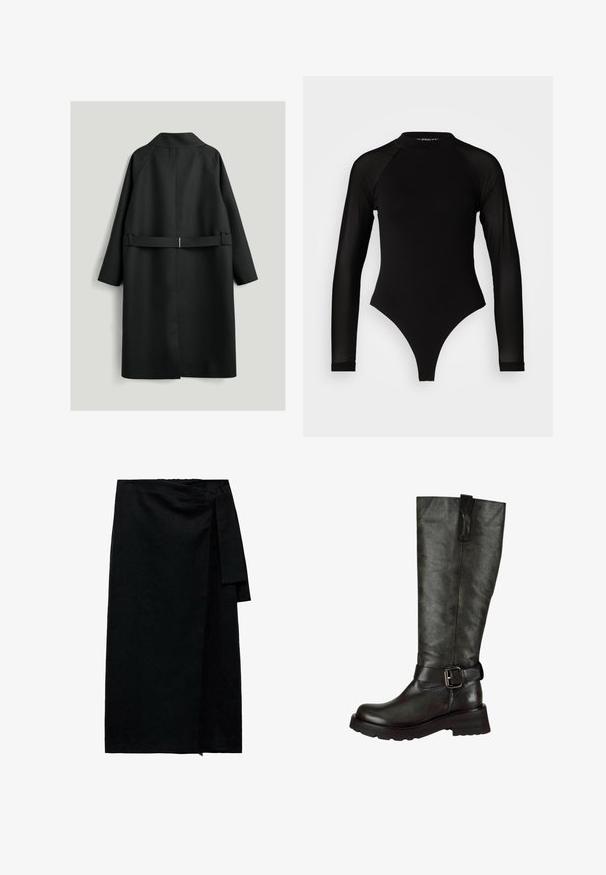 Sort lang frakke med bæltebagdetalje, lange ærmer og lige kant, vist bagfra mod en ensartet lys baggrund.; Sort langermet bodysuit med høj hals, fremstillet af solidt stof på torsoen og gennemsigtigt mesh på ærmerne, designet i en tætsiddende form.; Sort omslagsnederdel lavet af tekstureret stof med knyttet talje, lige silhuet og en let frynset kant. Ingen synlige mønstre eller accenter.; Sort læder knæhøj støvle med tekstureret finish, bred skaft, spænde detaljer og chunky sål. Robust design til holdbar brug.