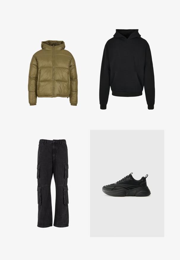 Olivgrüne Steppjacke mit Kapuze, Reißverschluss und elastischen Bündchen. Verfügt über gesteppten Abschnitte und eine lockere Passform.; Schwarzer Kapuzenpullover mit einer Fronttasche, gerippten Bündchen und Saum, aus weichem Stoff gefertigt, mit lockerem Schnitt und minimalistischem Design.; Schwarze Cargo-Hosen aus Denim, mit lockerer Passform, mehreren Seitentaschen und genähten Details. Die Textur ist leicht verblasst.; Schwarze Sportschuhe mit einer runden Sohle, strukturiertem Obermaterial und gepolstertem Kragen. Verfügt über Schnürung, Zuglasche und geschichtete Designelemente.