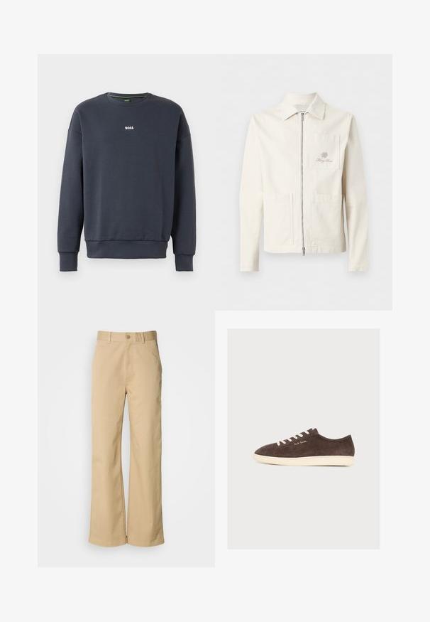 Chaqueta cremalleras color blanco roto con cuello, tres bolsillos delanteros aplicados y logo bordado sutil en el bolsillo izquierdo del pecho.; Sudadera azul marino fabricada en un tejido suave, con cuello redondo, mangas largas y un pequeño logo blanco de "BOSS" en el pecho.; Pantalones beige de pierna ancha, hechos de una mezcla de algodón. Presentan un cierre de botón y trabillas para cinturón. Textura suave, con detalles de costura mínimos.; Deportiva baja de ante marrón oscuro con cordones blancos, suela crema y "Paul Smith" bordado en el lateral, mostrada de perfil sobre fondo liso.