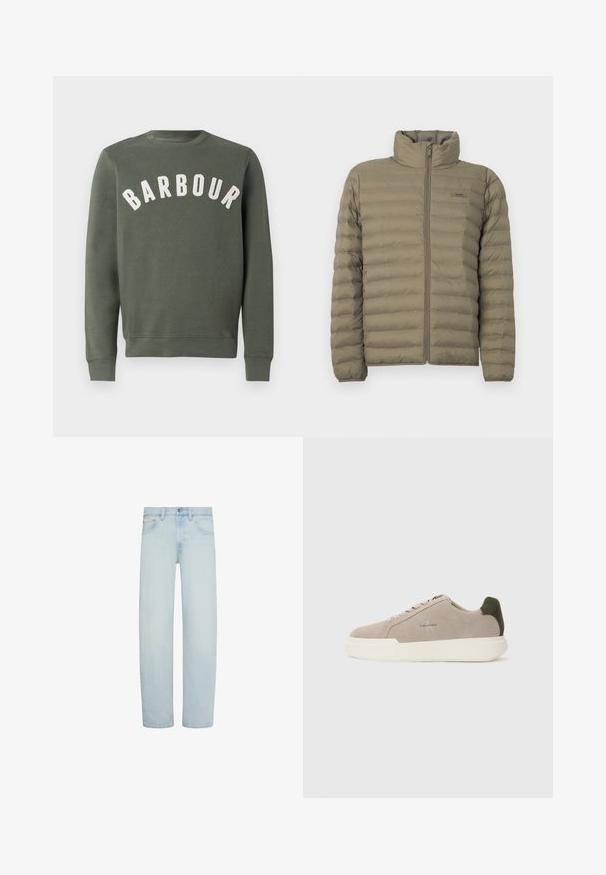 Pehmeda jope oliivrohelises värvitoonis, millel on kõrge krae, täispikkuselt lukuga esiosa ja horisontaalne õmmeldud tekstuur. Brändi silt on nähtav rinnal.; Barbour PREP LOGO CREW NECK - Pusa - thyme; Hele sinist teksapüksid sirgete sääreotstega, eesmine nööbi- ja tõmblukukinnitus, vööaasad ja esimesed taskud.; Beez suède tossudega valge kummist tallaga, tumeroheline kanna aktsent ja peened brändingud küljel.