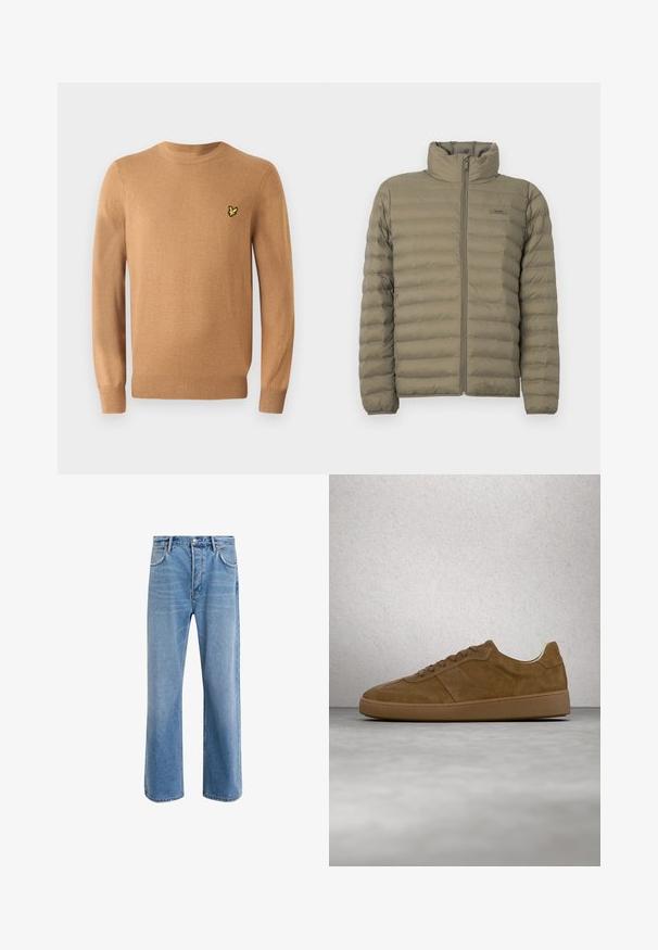 Veste rembourrée en vert olive, avec un col haut, fermeture éclair devant et texture matelassée horizontale. Étiquette de marque visible sur la poitrine.; Un pull en tricot marron clair avec des manches longues et des poignets côtelés ; arbore un petit logo d'oiseau jaune sur la poitrine gauche.; Jeans en denim bleu clair avec une coupe droite, cinq poches, fermeture à bouton, peu d'usure et des détails de couture contrastés.; Baskets en daim marron avec des lacets couleur fauve et une semelle en caoutchouc. Présente un bout arrondi et des détails cousus sur la tige. Design léger.