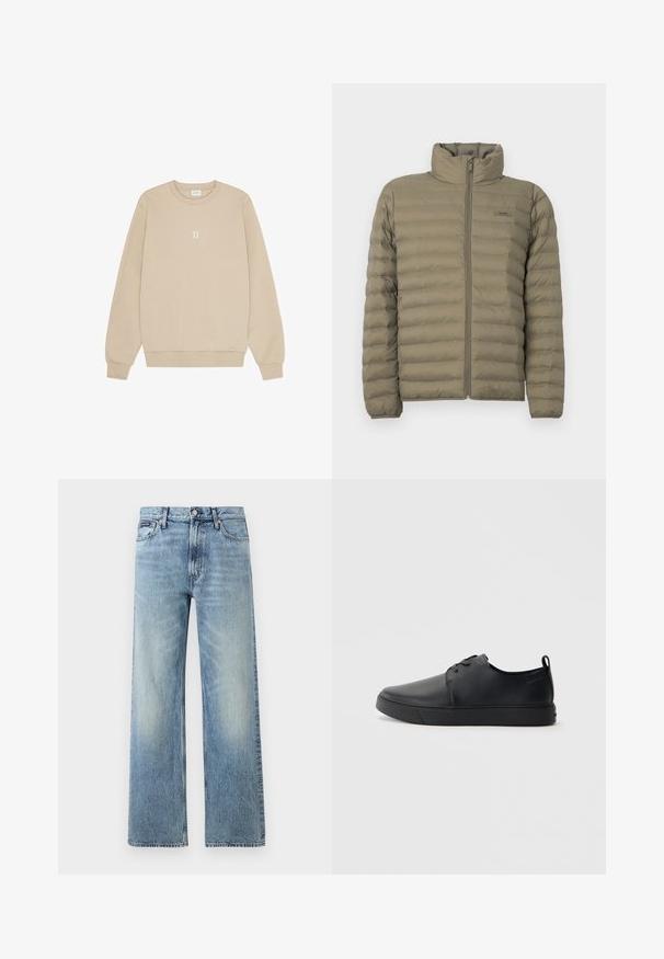 Pudeblæsjakke i olivengrøn, med høj krave, fuld lynlås foran og vandret kviltet tekstur. Brandmærket er synligt på brystet.; Beige sweatshirt i blødt stof med rund hals, lange ærmer og et lille hvidt "II" grafik centreret på brystet.; Lyseblå denim jeans med lige ben, højt talje, fem lommer, knaplukning og diskrete falmede områder på lår og knæ.; Sorte lædersneakers med en glat finish, rund tå, tonalt syning, snøring foran og en flad gummisål. Løkke ved hælen.