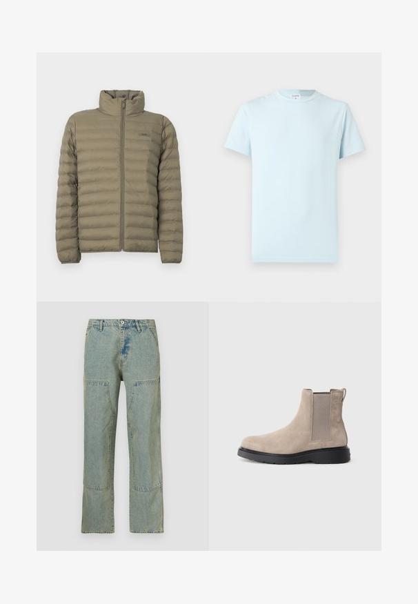 Veste rembourrée en vert olive, avec un col haut, fermeture éclair devant et texture matelassée horizontale. Étiquette de marque visible sur la poitrine.; T-shirt bleu clair à manches courtes en coton doux. Il présente un col rond classique et un design minimaliste, sans motifs ni accents.; Jean en denim bleu clair à coupe ample, avec des détails en patchwork sur les poches avant et une texture légèrement délavée.; Bottine Chelsea en daim beige avec des panneaux élastiques sur les côtés, une languette de tirage et une semelle en caoutchouc noir. Design élégant avec un bout arrondi.