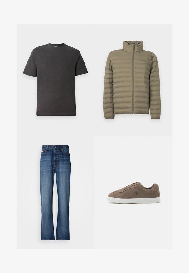 Chaqueta acolchada en verde oliva, con un alto cuello, cierre frontal de cremallera completa y textura acolchada horizontal. Etiqueta de la marca visible en el pecho.; Camiseta de manga corta gris, hecha de una tela suave y ligera, con cuello redondo y costuras mínimas. Apta para uso casual.; Jeans de mezclilla azul con cintura alta, piernas acampanadas, diseño de cinco bolsillos y costuras tonales. Cuenta con cierre de botón y bolsillos remachados.; Zapatilla baja de ante color topo con cordones beige, suela de goma blanca y sutil logotipo "cK" en el lateral.