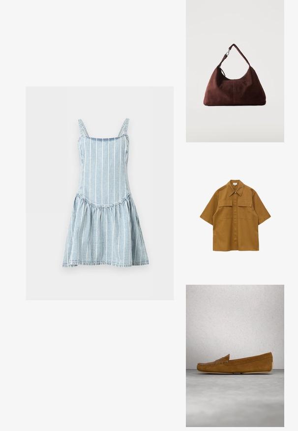 Chemise beige à manches courtes, boutonnée, avec un col large et deux poches à rabat sur le devant, présentée sur un fond blanc uni.; Robe sans manches à rayures verticales bleu clair et blanc avec fines bretelles et jupe froncée.; Mocassins en cuir suédé marron avec un couturessé, semelle plate et bout rond. Design simple avec une petite bande décorative sur le devant.; Sac bandoulière en daim marron doux avec une seule lanière et des accessoires métalliques argentés sur un fond clair uni.