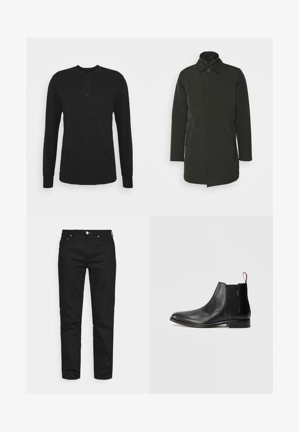 Abrigo negro de media longitud con botonadura frontal, cuello alto y bolsillos laterales. Hecho de un material suave y resistente al agua. Diseño casual.; Camisa negra de manga larga con cuello redondo, tapeta de tres botones y puños ajustados. Está hecha de una tela suave con una textura lisa.; Won Hundred ARCHER - Vaqueros tapered - rinse black; Botín Chelsea de piel negra con panel lateral elástico y una lengüeta roja en la parte trasera, mostrado sobre un fondo blanco liso.