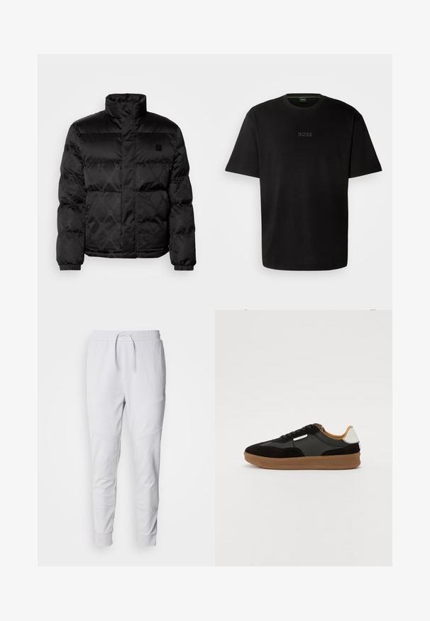 HUGO BALTO - Vinterjakker - black; Sort bomulds T-shirt med rund hals, korte ærmer og en diskret "BOSS" logo præget i midten. Simpelt, minimalistisk design.; Hvide joggingbukser lavet af blødt stof, med en elastisk talje med snoretræk, to sidelommer og ribbede mansjetter ved anklerne.; Sorte og grå ruskind- og lædersneakers med en gummisål, der har sorte snørebånd og en hvid detalje på hælen.