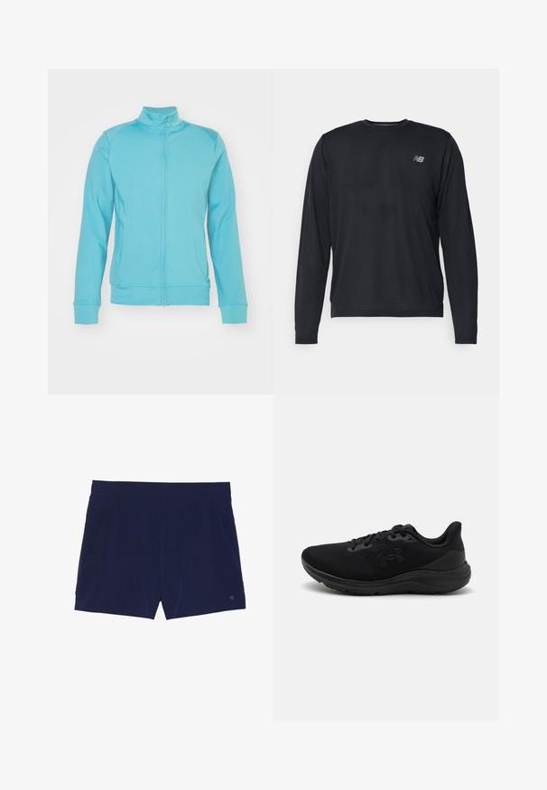 Chaqueta de cremallera azul claro con un alto cuello, mangas largas, puños y dobladillo acanalados; hecha de un tejido suave y elástico; costuras mínimas.; Camisa atlética negra de manga larga con una tela texturizada y sutiles perforaciones. Presenta un pequeño logo reflectante en el lado izquierdo del pecho.; Bañadores azul marino hechos de tejido ligero, con una cinturilla elástica y dos bolsillos laterales para almacenamiento.; Zapatillas deportivas negras con parte superior de malla, puntera redondeada y suela de goma texturizada. Cuenta con un logo negro en el lateral y cierre con cordones.