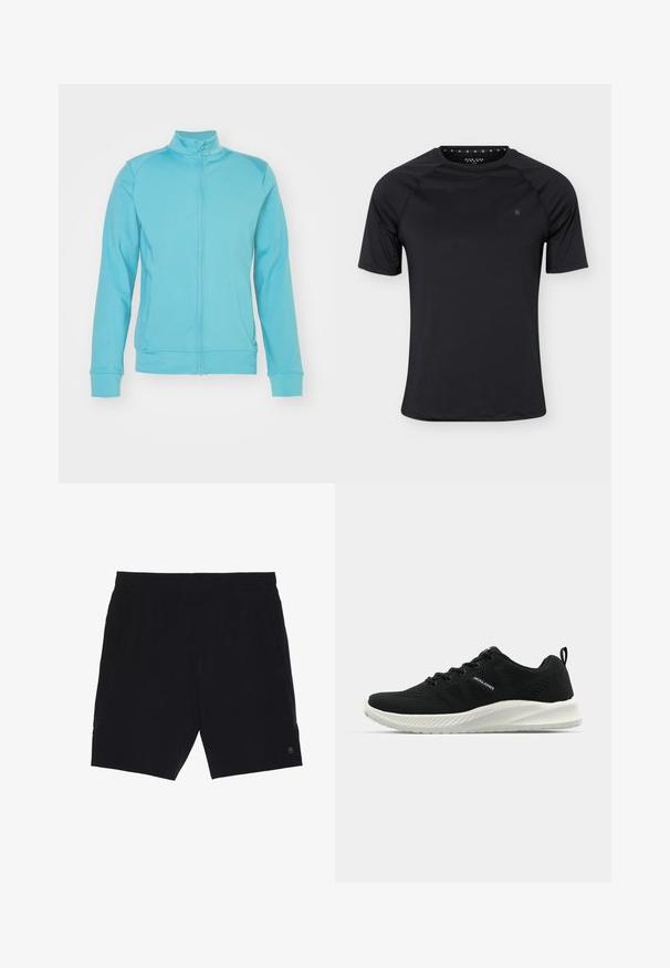 Lichtblauwe ritsjack met een hoge kraag, lange mouwen, ribgebreide manchetten en zoom; gemaakt van zachte, rekbare stof; minimale naden.; Zwart sport T-shirt met korte mouwen en een ronde hals met klein logo op de linkerborst, weergegeven op een effen lichte achtergrond.; Zwarte shorts van lichtgewicht stof, met een elastische tailleband, twee zijzakken en een klein logo aan de onderzijde rechts.; Zwarte sportschoenen met een gestructureerde mesh bovenzijde, contrasterende witte zool en gebogen ontwerp. Voorzien van een vetersysteem en logo-detail.