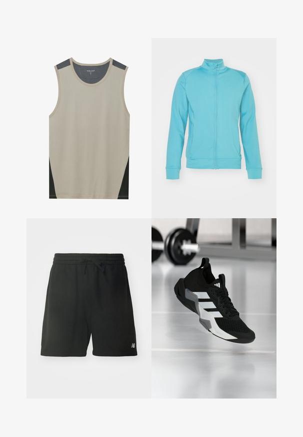 Lyseblå zip-jakke med høj krave, lange ærmer, ribbede manchetter og kant; lavet af blødt, elastisk stof; minimale sømme.; Beige ærmeløs tanktop med mørkegrå skulderdetaljer og sorte sidelapper. Glat tekstur med en rund halsudskæring.; Sorte bomulds sportsbukser med elastisk talje, justerbar snøre og logo detajle på nederste venstre ben. Glat tekstur.; Sort atletiksko med en mesh-øverdel, hvide striber og grå accenter. Har polstret krave og gummisål. Velegnet til brug i fitnesscenter.