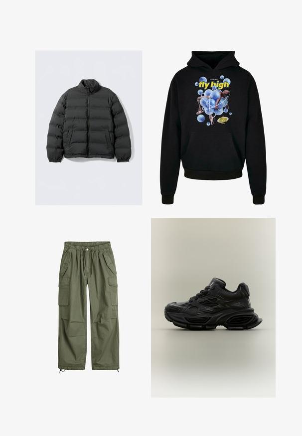Sort pufferjakke med høj krave, lynlås foran, elastiske manchetter og sidelommer, med et quiltet design og glat tekstur.; Sort sweatshirt med hætte, der har et centralt grafisk motiv af blå bobler og en figur. Teksten siger "fly high" i gult. Kængurulomme foran.; Olivenfarvede cargo-bukser med elastisk talje, snor, flere sidelommer og tætsiddende ankler. Fremstillet af holdbart bomuldsstof.; Sort chunky sneaker med tekstureret design, tyk sål og snørelukning vist mod en almindelig neutral baggrund.