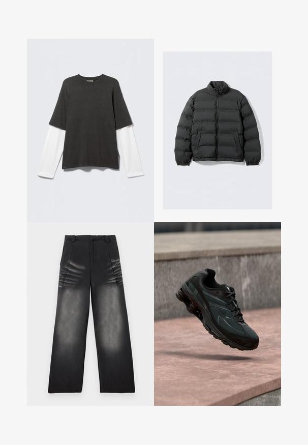 Μαύρο μπουφάν puffer με ψηλό γιακά, μπροστινό φερμουάρ, ελαστικές μανσέτες και πλαϊνές τσέπες, με κεντητό σχέδιο και ομαλή υφή.; Μαύρο T-shirt με κοντά μανίκια φορεμένο πάνω από λευκό πουκάμισο με μακριά μανίκια, παρουσιασμένο σε απλό ανοιχτό φόντο.; Μαύροι τζιν παντελόνες με φαρδιά γραμμή, με ξεθωριασμένες λεπτομέρειες στους μηρούς και πιέτες στο εμπρός μέρος, διαθέτουν θηλιές για ζώνη και κλείσιμο με φερμουάρ.; Μαύρο αθλητικό παπούτσι με ορατή μεσαία σόλα αέρα που αιωρείται πάνω από μια ροζ πέτρινη επιφάνεια με φόντο ένα γκρι πέτρινο τοίχο.