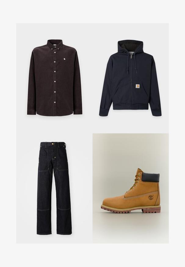 Mørkeblå lynlåshættetrøje med snore, kængurulomme med Carhartt logo-patch, ribstrikkede manchetter og linning, samt quiltet inderfor.; Mørkebrun fløjlsbluse med knappet krave, lange ærmer, hvide knapper og et lille logo på venstre bryst.; Mørkeblå denimbukser med lige ben, der har gule stikninger og forlommer. Stoffet ser solidt og struktureret ud.; Brun læderankelstøvle med sort krave, gule snørebånd og tanfarvet sål. Har logo og hvide syninger som detalje. Robust ydersål med greb.
