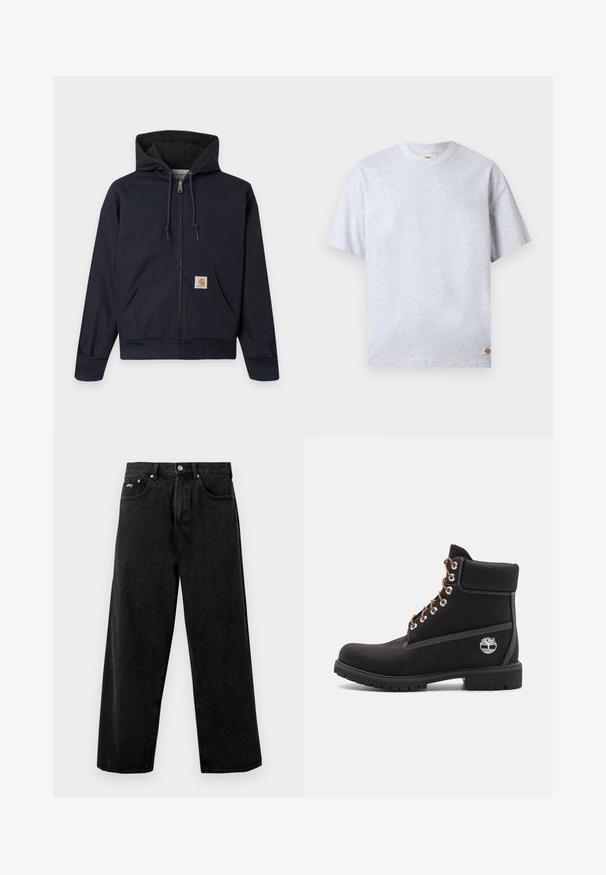 Mørkeblå lynlåshættetrøje med snore, kængurulomme med Carhartt logo-patch, ribstrikkede manchetter og linning, samt quiltet inderfor.; Enkelt lysegråt T-shirt med korte ærmer og rund hals, med en lille rektangulær logo-tag nederst ved højre kant.; Sort bredde bukser lavet af denim, med knaplukning og frontlommer. Diskret varemærkeblik på taljebåndet. Mat tekstur.; Timberland Snørestøvletter - black