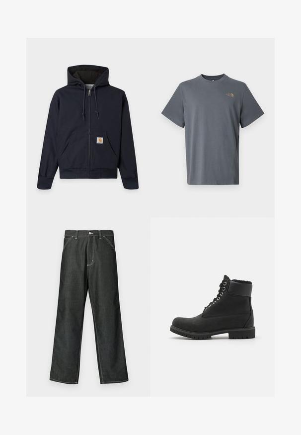 Tmavomodrá mikina s kapucňou na zips s šnúrkami, klokanie vrecko s logom Carhartt, rebrované manžety a lem a prešívané vnútorné podšívky.; Sivé bavlnené tričko s krátkymi rukávmi a okrúhlym výstrihom, s malým zlatým logom na ľavej strane na hrudi. Hladká textúra a jednoduchý dizajn.; Tmavomodré široké džínsy s bielym prešívaním, štandardným dizajnom s piatimi vreckami, kovovým zapínaním na gombík a rovnými lemami.; Čierna členková obuv vyrobená z semišu s gumovou podrážkou, s kovovými očkami, šnúrkami a mäkkým umeleckým koženým golierom okolo vrchu.