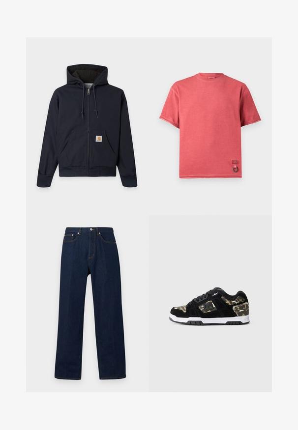 Mørkeblå lynlåshættetrøje med snore, kængurulomme med Carhartt logo-patch, ribstrikkede manchetter og linning, samt quiltet inderfor.; Rød t-shirt med korte ærmer, crew neck og små detaljer med mærke og metalloop nær den nederste kant.; Mørkeblå denimjeans med lige ben, forrest knap- og lynlåslukning samt fem lommer på en ensfarvet baggrund.; Sort ruskinds sneaker med camomønster på siden, hvid mellemsål og sort gummisål. Har snørebånd og logo-detalje på siden.