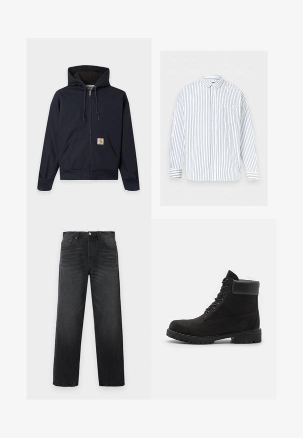 Tmavomodrá mikina s kapucňou na zips s šnúrkami, klokanie vrecko s logom Carhartt, rebrované manžety a lem a prešívané vnútorné podšívky.; Biela košeľa s dlhým rukávom na gombíky s modrými vertikálnymi pruhmi a náprsným vreckom, zobrazená na jednoduchom svetlošedom pozadí.; Čierne rifle z denimu s rovnými nohavicami, piatimi vreckami, zapínaním na predné gombíky a jemným vyblednutím pre textúru.; Čierne šnurovacie členkové topánky s polstrovaným golierom a robustnou podrážkou, zobrazené zboku na bielom pozadí.