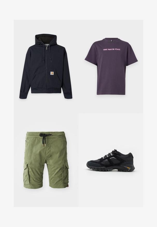 Marineblauer Kapuzenpullover mit Reißverschluss, Kordelzug, Kängurutasche mit Carhartt-Logo-Patch, gerippte Bündchen und Bund sowie wattiertes Innenfutter.; Dunkellila T-Shirt mit kurzen Ärmeln und Rundhalsausschnitt, mit pinkfarbenem, pixeligem Text "THE NORTH FACE" auf der Brust.; Olivegrüne Baumwoll-Cargo-Shorts mit seitlichen Taschen, einem Kordelzugbund mit goldfarbenen Beschlägen und einer weichen, strukturierten Oberfläche.; Schwarzer Outdoor-Schuh aus Wildleder und Mesh mit robuster Sohle. Verfügt über graue Akzente und Vibram-Branding an der Seite. Schnürdesign.