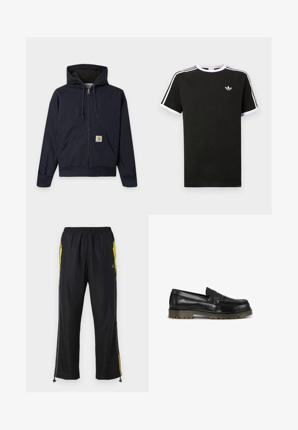 Sweat à capuche bleu marine zippé avec cordons, poche kangourou avec patch logo Carhartt, poignets et taille côtelés, et doublure intérieure matelassée.; T-shirt noir en coton avec des accents blancs. Doté de manches courtes, d'un design raglan et d'un petit logo sur la poitrine. Trois bandes blanches sur les épaules.; Pantalons de sport noirs avec des accents jaunes sur les côtés, taille élastique et poches latérales zippées. Fabriqués en tissu léger et lisse.; Mocassin en cuir noir avec une semelle épaisse en caoutchouc marron et une lanière penny sur le dessus.