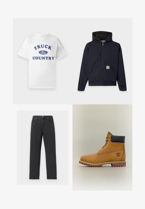 Tmavomodrá mikina s kapucňou na zips s šnúrkami, klokanie vrecko s logom Carhartt, rebrované manžety a lem a prešívané vnútorné podšívky.; Biele bavlnené tričko s modrým potlačeným nápisom "TRUCK COUNTRY" a modrým oválnym logom "Ford" v strede. Krátke rukávy a okrúhly výstrih.; Čierne rifle s priamymi nohavicami, piatimi vreckami, zapínaním na gombík a pútkami na opasok, zobrazené na svetlosivom pozadí.; Hnedá kožená členková členková obuv s čiernym golierom, žltými šnúrkami a béžovou podrážkou. Má logo a biele prešívanie. Hrubá podrážka s dobrým záberom.