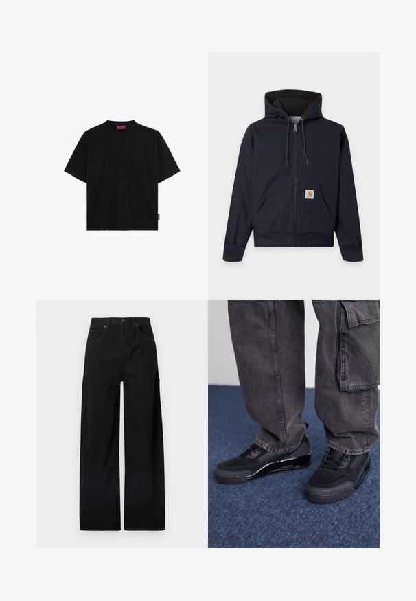Marineblauer Kapuzenpullover mit Reißverschluss, Kordelzug, Kängurutasche mit Carhartt-Logo-Patch, gerippte Bündchen und Bund sowie wattiertes Innenfutter.; Schwarzes kurzärmliges T-Shirt aus Baumwolle mit Rundhalsausschnitt und einem kleinen Etikett an der Seite. Glatte Textur und gerader Schnitt.; Schwarze, weit geschnittene Hosen aus Baumwoll-Denim mit hohem Taillenbund, zwei Vordertaschen und einer seitlichen Cargo-Tasche für zusätzlichen Nutzen.; Schwarze Sportschuhe mit einer strukturierten Oberfläche, glatten Akzenten und einer chunky Sohle, kombiniert mit dunklen, lässig sitzenden Cargo-Hosen.