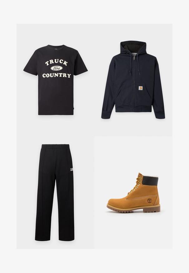 Sudadera con capucha azul marino con cremallera y cordones, bolsillo canguro con parche con el logo de Carhartt, puños y cinturilla acanalados y forro interior acolchado.; Camiseta de algodón negro de mangas cortas con el texto "TRUCK COUNTRY" en color crema y un diseño del logo de Ford en el centro.; Pantalones de chándal negros con cintura elástica, diseño de pierna recta y detalle de texto blanco en la parte inferior izquierda. Hechos de tela suave.; Botín de cuero marrón con ojales de metal, forro de piel sintética blanca, cuello acolchado negro, suela resistente y logotipo en relieve en el costado.