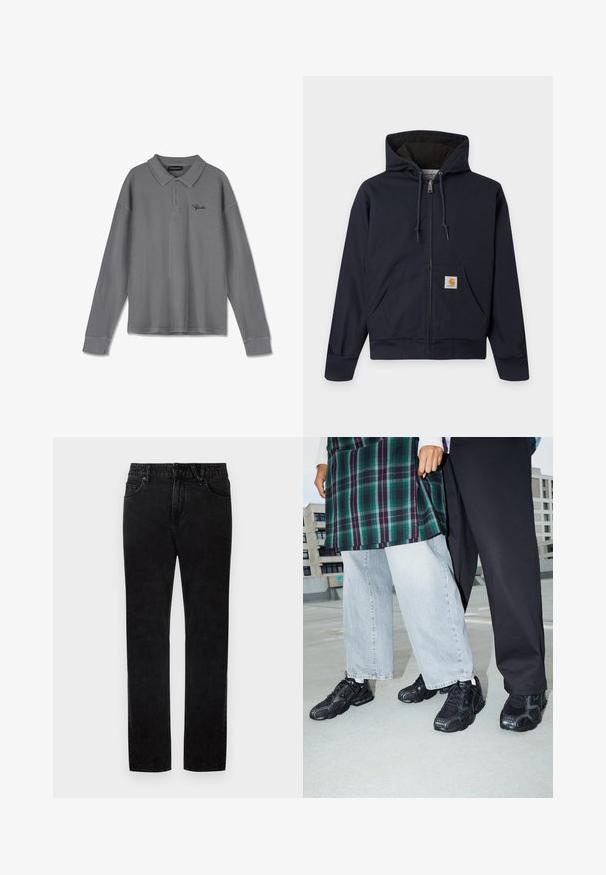 Marineblauer Kapuzenpullover mit Reißverschluss, Kordelzug, Kängurutasche mit Carhartt-Logo-Patch, gerippte Bündchen und Bund sowie wattiertes Innenfutter.; Langarm-Polohemd aus gestreiftem grauem Stoff. Verfügt über einen Kragen, eine Drei-Knopf-Leiste und dezente schwarze Markenkennzeichnung auf der Brust.; Schwarze Jeans aus Denim mit geradem Bein, ausgestattet mit Gürtelschlaufen, vorderen Taschen und einem Knopfverschluss. Die Textur ist glatt mit leichtem Stretch.; Schwarze Sportschuhe mit Mesh- und Gummielementen. Kombiniert mit hellgrauen weiten Jeans und einem karierten grünen Oberteil. Flacher Hintergrund.