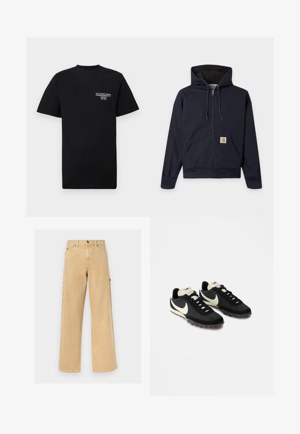 Marineblauwe zip-up hoodie met trekkoorden, kangoeroezak met Carhartt-logo, geribde manchetten en tailleband, en doorgestikte voering aan de binnenkant.; Zwarte katoenen t-shirt met korte mouwen en een ronde hals, met een witte bedrukte logo op de linkerborst. Gladde textuur, normale pasvorm.; Beige werkbroeken met rechte pijpen, voorzien van riemlussen, voor- en zijzakken en een hamerlus, gefotografeerd tegen een effen achtergrond.; Zwarte sportieve schoenen met een gestructureerde bovenkant, witte swoosh-logo en rubberen zool met kleine noppen voor grip. Crèmekleurige kraag.