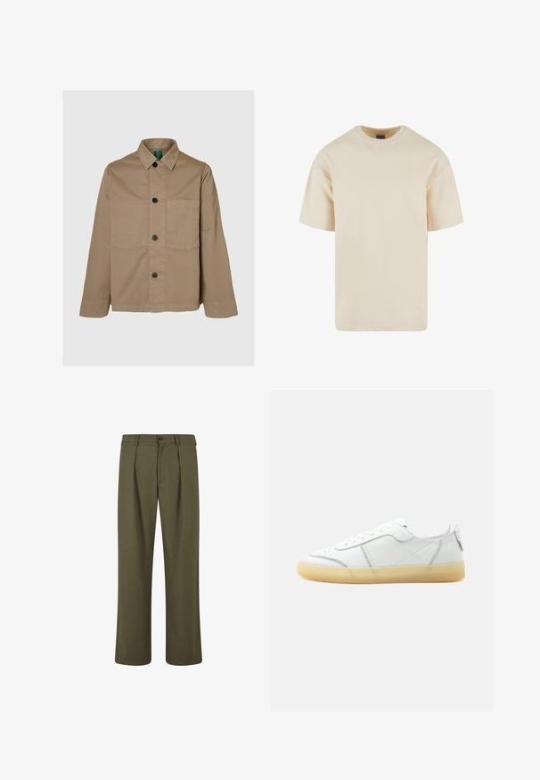 Veste en coton beige avec devant boutonné, col pointu, deux poches avant et boutons noirs. Caractérisée par une coupe décontractée et des manches longues.; T-shirt en coton beige avec un col rond, des manches courtes et une coupe droite. Texture lisse et sans motifs ni accents visibles.; Pantalons vert olive avec une coupe ajustée, présentant des plis à l'avant, une fermeture à bouton et des jambes droites. Texture de tissu lisse.; Baskets basses en cuir blanc avec semelle beige translucide, lacets à l’avant et détails de couture minimalistes, vues de côté sur un fond uni.