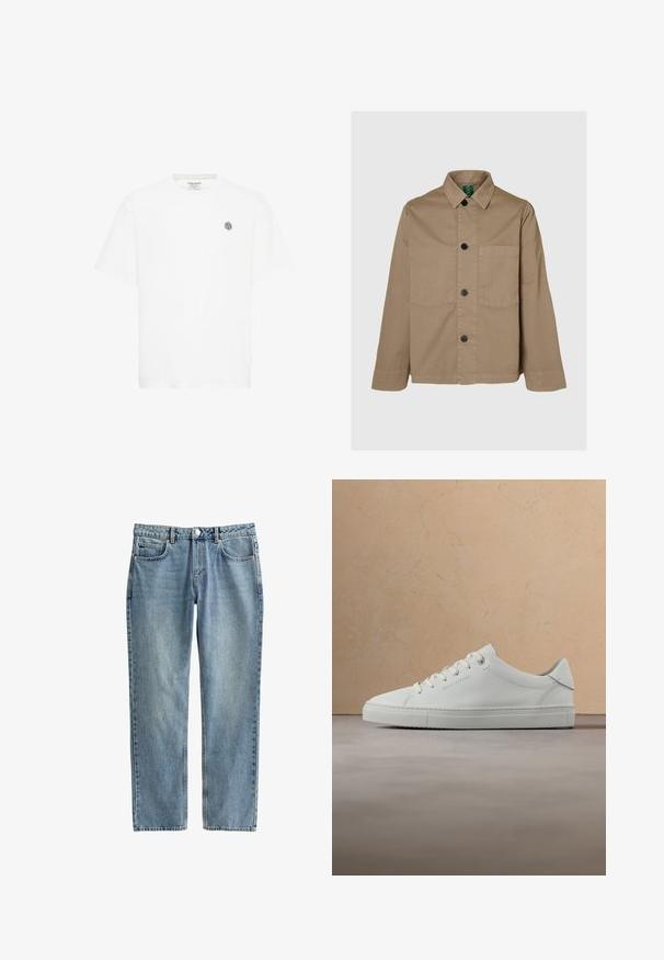 Chaqueta de algodón color beige con cierre de botones, cuello puntiagudo, dos bolsillos delanteros y botones negros. Presenta un ajuste relajado y mangas largas.; Camiseta de manga corta blanca con un cuello redondo y un pequeño logo geométrico gris en el lado izquierdo del pecho. Fabricada en suave material de algodón.; Jeans de mezclilla azul claro con diseño de pierna recta, cinco bolsillos y cierre de botón. La tela tiene una textura ligeramente desgastada.; Zapatilla baja de cuero blanco con cordones, suspendida en el aire sobre una alfombra beige texturizada, cerca de una mesa de café redonda de madera con libros.