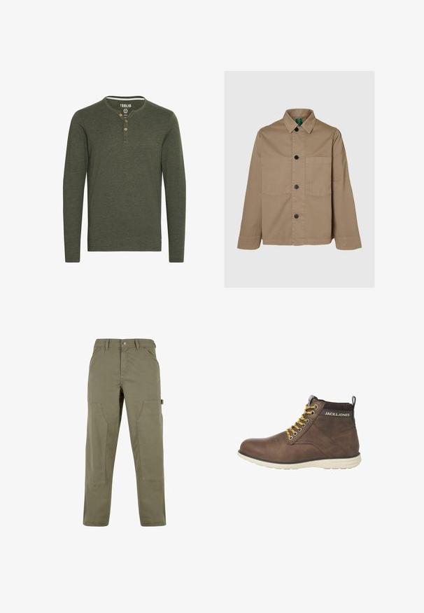 Chaqueta de algodón color beige con cierre de botones, cuello puntiagudo, dos bolsillos delanteros y botones negros. Presenta un ajuste relajado y mangas largas.; Solid SDVOLKO - Camiseta de manga larga - olive; Pantalones cargo en mezcla de algodón color verde olivo, con bolsillos laterales, cierre de botón y un corte relajado con costuras reforzadas.; Botas de tobillo de cuero marrón con punta redonda, cordones amarillos y suela de goma blanca. Presenta un acento negro en el talón y un detalle de logo.
