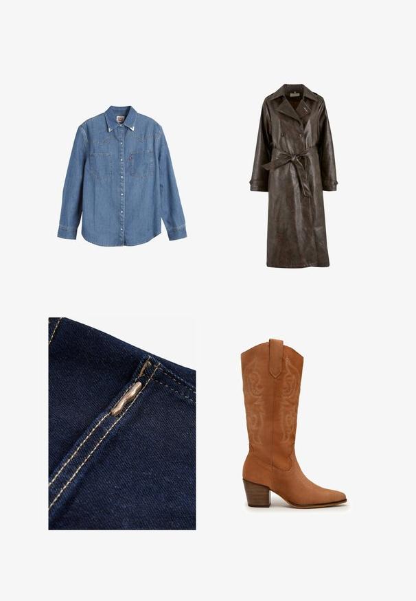 Brauner Kunstleder-Trenchcoat mit einem doppelt-knöpfigen Design, breitem Kragen, tailliertem Gürtel und geknöpften Manschetten. Glatte Textur, knielang.; Hellblaues Denim-Hemd mit langen Ärmeln, spitzem Kragen, zwei Brusttaschen und kontrastierenden Nähten. Verfügt über ein Design mit Westernstil-Yoke.; Next REGULAR FIT - WIDE LEG - Flared Jeans - rinse blue; Brauner Cowboy-Stiefel aus Wildleder bis zur Hälfte der Wade mit dekorativen Nähten, spitzer Zehe, Zuglasche und Blockabsatz.