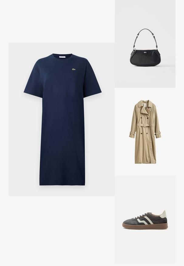 Gabardina beige de doble botonadura con cinturón y correas con hebilla en las mangas largas, con cuello clásico y dos bolsillos delanteros.; Vestido de algodón azul marino con mangas cortas, cuello redondo y un pequeño logo verde en el pecho. Diseño recto, a la altura de la rodilla.; Zapatilla baja de pana gris con rayas laterales blancas, lengüeta beige en el talón, cordones blancos y suela de goma marrón.; Bolso de hombro negro con correa ajustable, cierre de cremallera y pequeño logo plateado de cocodrilo en el centro delantero.