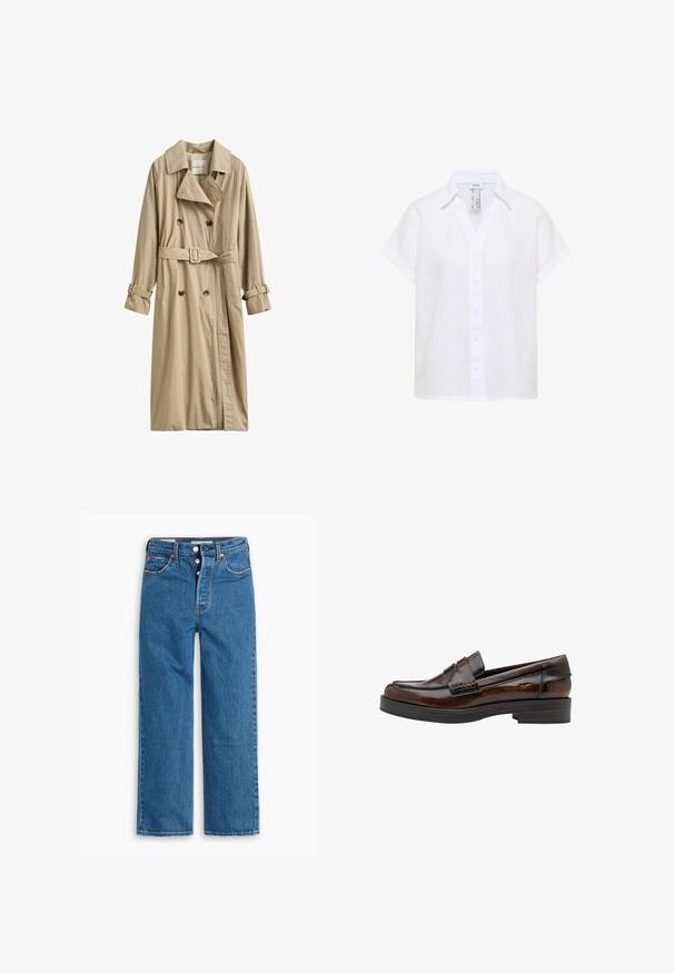 Beige dubbelgeknoopte trenchcoat met riem en gespsluitingen op de lange mouwen, met een klassieke kraag en twee voorzakken.; Wit linnen overhemd met korte mouwen, kraag, knopen aan de voorkant en een losse pasvorm.; Blauwe denim jeans met rechte pijpen en hoge taille, vijf zakken en een knoopsluiting. Merkbare stiksels en koperen klinknagels.; Bruine leren herenloafer met moc-toe, pennyriempje en lage gestapelde hak, getoond in zijaanzicht op een witte achtergrond.
