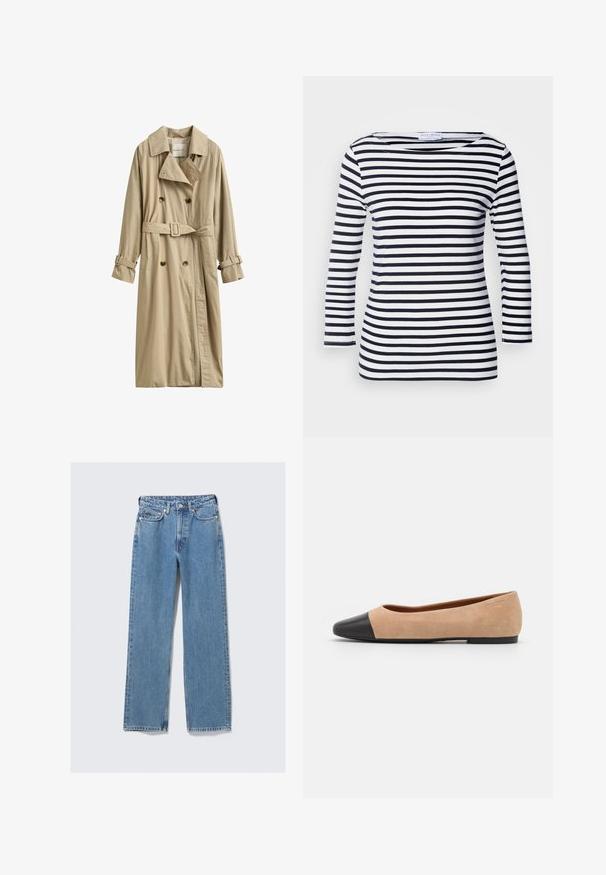 Beige dobbeltradet trenchcoat med bælte og spændere på de lange ærmer, med klassisk krave og to forlommer.; Marineblå og hvide stribede langærmede top med en bred halsudskæring og blødt, strækbart stof. Har jævne vandrette striber hele vejen igennem.; Blå, høj-taljede, straight-leg denimjeans med frontknap, lynlås, bæltestropper og fem-lommer design på en ensartet lys baggrund.; Beige ruskind balletflade med en sort læder rund tåkap, lav hæl og glat tekstur, der har minimal syning og et enkelt design.