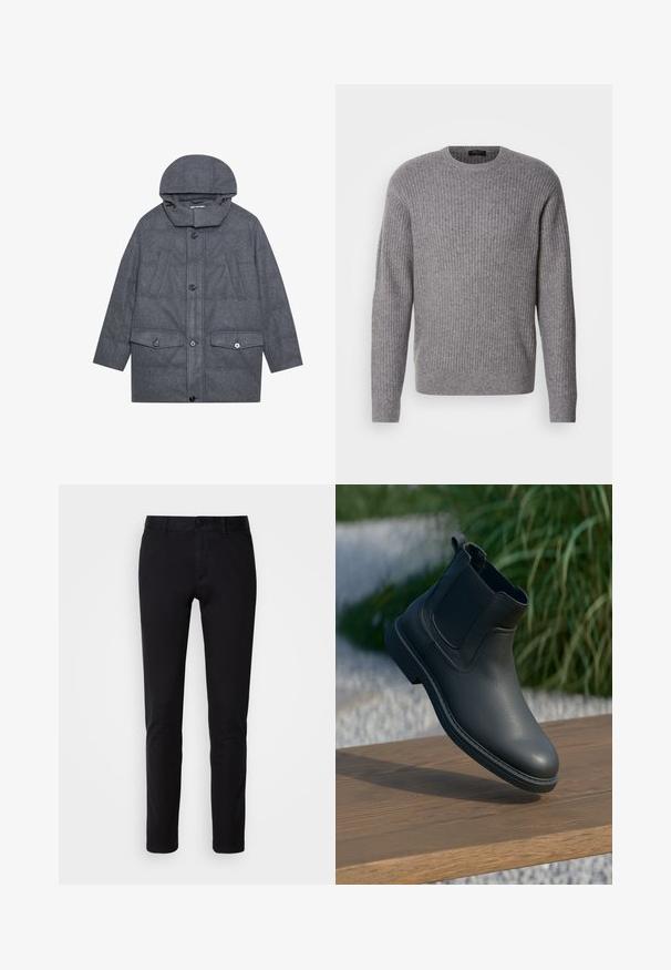 Manteau matelassé gris avec capuche, doté d'un col montant, de deux poches avant avec rabat et de fermetures à boutons. Fabriqué en tissu texturé.; Pull en laine grise côtelé fabriqué à partir d'un tissu doux, avec un col rond et des manches longues, présentant une texture uniforme tout au long du vêtement.; Pantalons noirs en coton lisse, avec une coupe droite, des poches avant, une fermeture à bouton et une finition soignée.; Bottine en cuir noir avec des panneaux latéraux élastiques, des accents texturés et une semelle en caoutchouc ; l'affichage comprend une surface en bois et de la verdure.