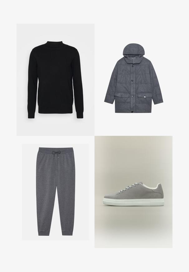 Abrigo gris acolchado con capucha, que presenta un alto cuello, dos bolsillos frontales con solapa y cierres de botón. Fabricado con tejido texturizado.; Suéter negro de punto suave con cuello alto y mangas largas. Diseño sencillo, sin patrones ni adornos.; Pantalones de chándal grises con una cinturilla elástica, cordón ajustable, bolsillos laterales y puños estrechos, hechos de una tela suave.; Zapatilla de ante gris con suela y cordones de goma blanca, con un diseño de corte bajo y textura suave. Estilo minimalista sin logotipos visibles.