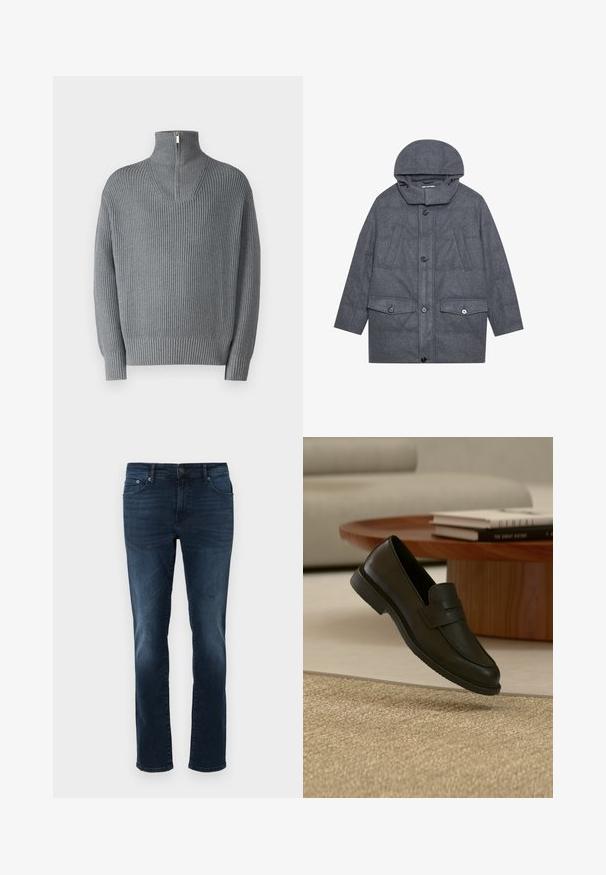 Grau gesteppter Mantel mit Kapuze, ausgestattet mit hohem Kragen, zwei Fronttaschen mit Klappe und Knopfverschlüssen. Aus strukturiertem Stoff hergestellt.; Grauer gerippter Pullover mit hohem, Reißverschluss-Kragen und langen Ärmeln. Verfügt über ein strukturiertes Strickmuster, hat eine entspannte Passform und elastische Bündchen.; Dunkelblaue Jeans aus Denim mit geradem Schnitt, mittlerer Leibhöhe, fünf Taschen und Stichdetails. Glatte Textur mit leicht ausgebleichten Akzenten.; Schwarzer Lederloafer-Schuh schwebt über einem beige gewebten Teppich, mit einem Holztisch und gestapelten Büchern in einem sanft beleuchteten Wohnzimmer.