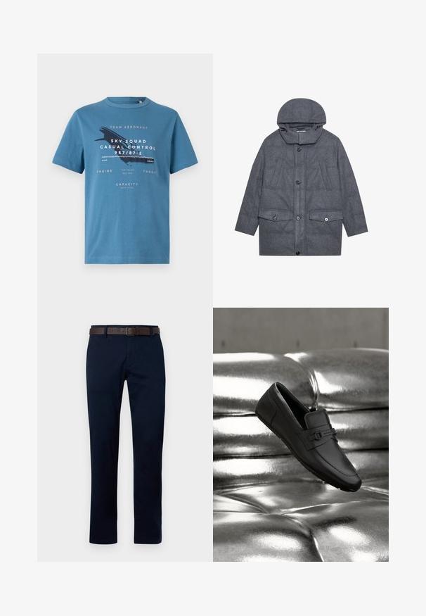 Grijze gewatteerde jas met een capuchon, met een hoge kraag, twee voorste flapzakken en knoopsluitingen. Gemaakt van gestructureerde stof.; Blauwe katoenen t-shirt met korte mouwen, met grafische tekst en een vliegtuigontwerp aan de voorkant. Ronde hals en reguliere pasvorm.; Marineblauwe trousers met een rechte pasvorm, gemaakt van katoen. Bevat een bruine leren riem en heeft een eenvoudig ontwerp zonder patronen of accenten.; Zwarte leren loafer met gespsluiting, rustend op een reflecterende metallic zilveren getufte ondergrond.