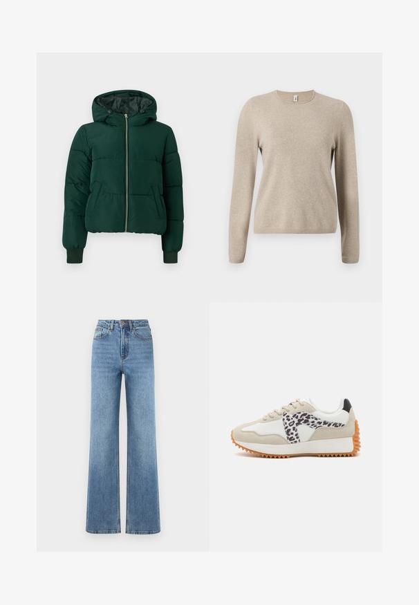 Veste d'hiver matelassée vert foncé avec capuche, fermeture éclair frontale, deux poches latérales et poignets côtelés.; Pull en tricot beige à manches longues, col rond et poignets côtelés. Texture douce avec un motif chiné subtil.; Jean en denim bleu clair à jambes larges avec taille haute, dotés d'une fermeture à boutons, de quatre poches et d'un ourlet net avec un délavage subtil.; Baskets beiges et blanches avec un panneau à imprimé léopard, en suédine texturée et semelle en caoutchouc avec des rainures pour une meilleure traction. Lacets et col rembourré inclus.