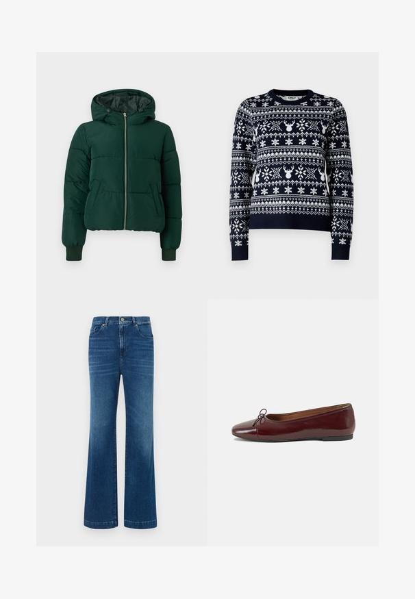 Chaqueta de invierno acolchada de color verde oscuro con capucha, cremallera frontal, dos bolsillos laterales y puños de canalé.; Suéter de punto azul marino con patrones de copos de nieve y renos en blanco, cuello redondo, mangas largas y ribete acanalado.; Jeans de mezclilla azul de pierna ancha con una cintura alta, cinco bolsillos y un cierre de botón clásico. La tela tiene una textura suave y ligeramente deslavada.; Bailarina de charol burdeos con punta redonda, pequeño lazo en la parte frontal y una suela baja de goma negra. Textura suave.