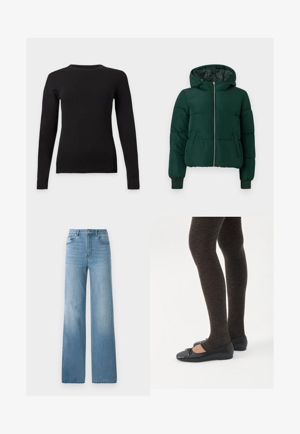 Chaqueta de invierno acolchada de color verde oscuro con capucha, cremallera frontal, dos bolsillos laterales y puños de canalé.; Camiseta negra ajustada de manga larga con cuello redondo y textura suave, mostrada extendida sobre un fondo gris claro.; Jeans de tiro alto en azul claro con un diseño de pierna recta. Confeccionados en denim, cuentan con cinco bolsillos y un cierre con botón.; Piernas con leggings oscuros acanalados combinados con bailarinas negras que presentan pequeños detalles de lazo sobre un fondo blanco.