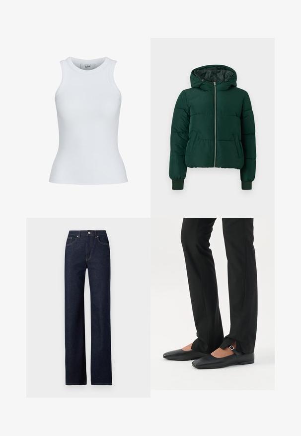 Donkergroene gewatteerde winterjas met capuchon, ritssluiting aan de voorkant, twee zijzakken en geribde boorden.; Witte geribde tanktop met een ronde halslijn en zonder mouwen. Heeft een slim fit en een zachte textuur, geschikt voor lagen.; Donkerblauwe denim jeans met een rechte pijp, klassieke vijf-pocketstijl, zichtbare stiksels en een knoopsluiting aan de voorkant.; Benen met zwarte smalle broek met voorsplitten aan de zoom, gecombineerd met zwarte platte Mary Jane-schoenen met een klein gespje.