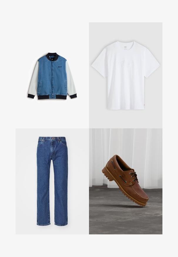 Vans Bomberjakke - medium blue; Hvid T-shirt med korte ærmer og rund hals, med subtilt præget skrifttype-logo centreret på brystet og en lille rød mærketag i siden.; Straight-leg blå denim jeans med frontknap, lynlås, bæltestropper og fem-lomme design på en ensfarvet hvid baggrund.; Brun læder bådsko med sorte snørebånd, beige syninger og en robust sål, hængende over en grå betongulv.
